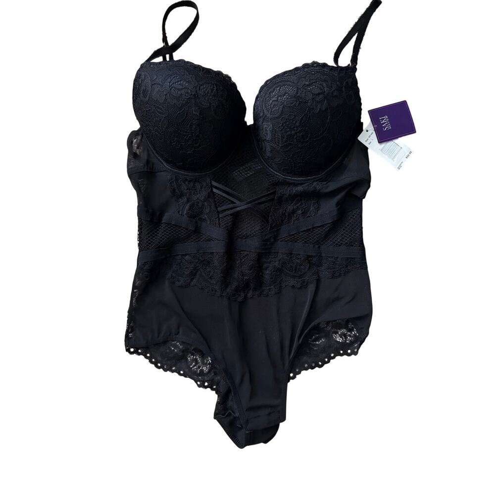 NWT Size Large Saki Silver Intimates Black Lace Mesh Bodysuit Underwire Cups